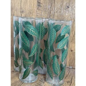 4 MCM Tall Slender Tumblers - Clear Glass with Green Leaves Gold Gilt
